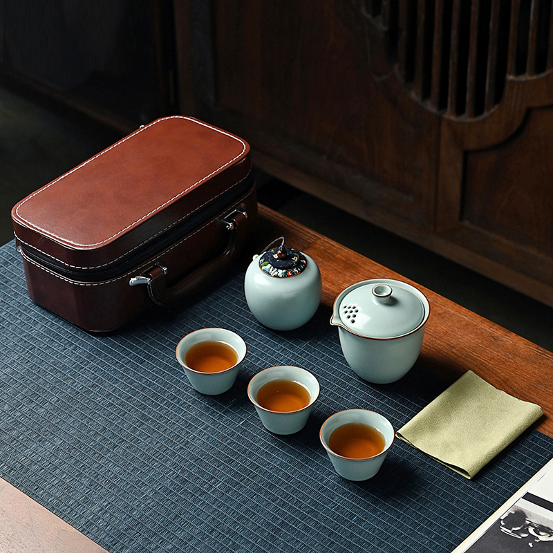 旅行茶具套装 仿宋汝窑便携户外功夫茶具陶瓷旅行茶壶茶杯套组 仿宋汝窑旅行五件套