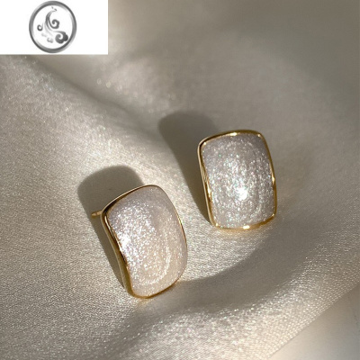 JiMiS925银针法式浪漫星空流沙白色方形滴釉耳环复古气质高级感耳钉女