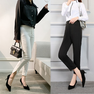 Ideamini高跟鞋工作鞋软皮低跟绒面黑色女2021年新款春秋细跟3cm5cm尖头