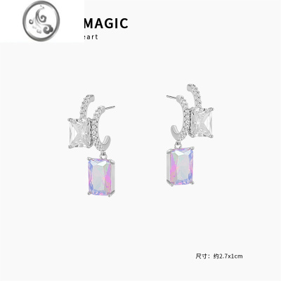 JiMi超闪梦幻方形高级感吸睛耳环气质名媛圆脸银针耳钉秋冬耳饰ins潮