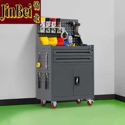 锦北工具车移动维修收纳柜工具架多功能工具箱五金工具柜深灰二抽带网