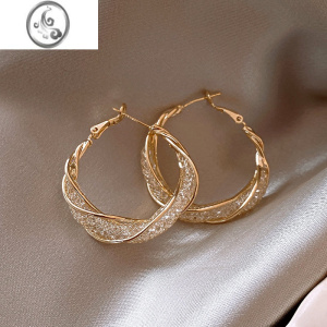 JiMi定制高货~网状水晶耳圈镂空耳环女新款高级耳钉轻奢小众气质耳饰 金色