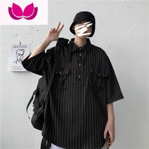 七斓夏季薄款潮流ins条纹短袖衬衫外套男原宿宽松港风衬衣百搭五分袖