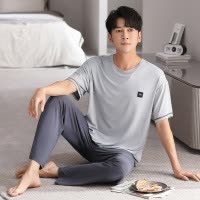 莫代尔春夏季新款男士睡衣短袖长裤套装休闲简约家居服可外穿薄款