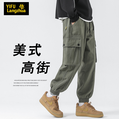 伊夫狼爪(YIFULANGZHUA)军绿色工装裤男款2024春秋季新款束脚裤子美式复古宽松机能痞帅休闲长裤纯棉运动裤