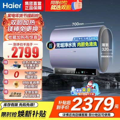 海尔(Haier)60升双胆电热水器家用短款储水式超薄省空间3300w速热净水洗大容量DT7K单/双胆加热镁棒免更换