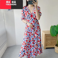 YIBUSHENG棉绸碎花短袖裙波西米亚沙滩裙连衣裙人棉海边渡假裙绵绸裙子女