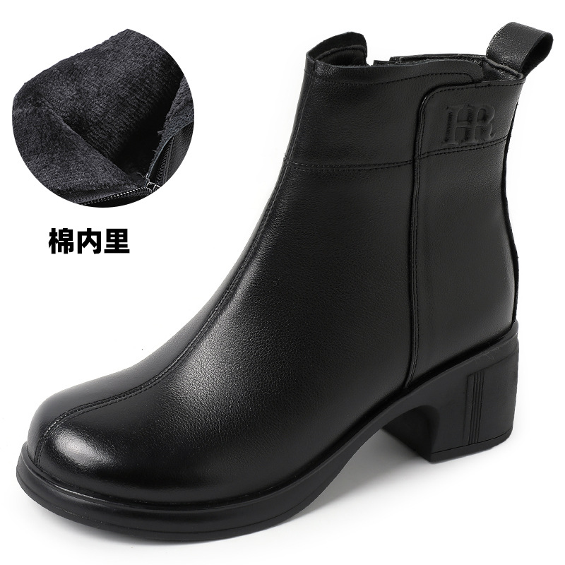 粗跟圆头短靴女真皮复古中跟女靴百搭短筒靴24秋冬单靴加绒马丁靴