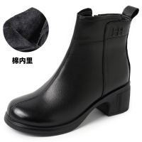 粗跟圆头短靴女真皮复古中跟女靴百搭短筒靴24秋冬单靴加绒马丁靴