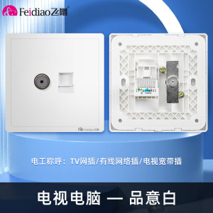 飞雕(FEIDIAO)开关插座 86型家用暗装超大面板PC支架 品意系列家用插座 品意白电视电脑插