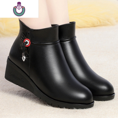 FISHBASKET妈妈鞋皮短靴平底坡跟女靴2020新款靴子中年加绒女士皮鞋靴子