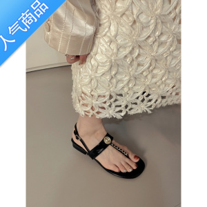 SUNTEK法式夹趾凉鞋女夏时尚2023年新款鞋子女士小香风粗跟一字带罗马鞋