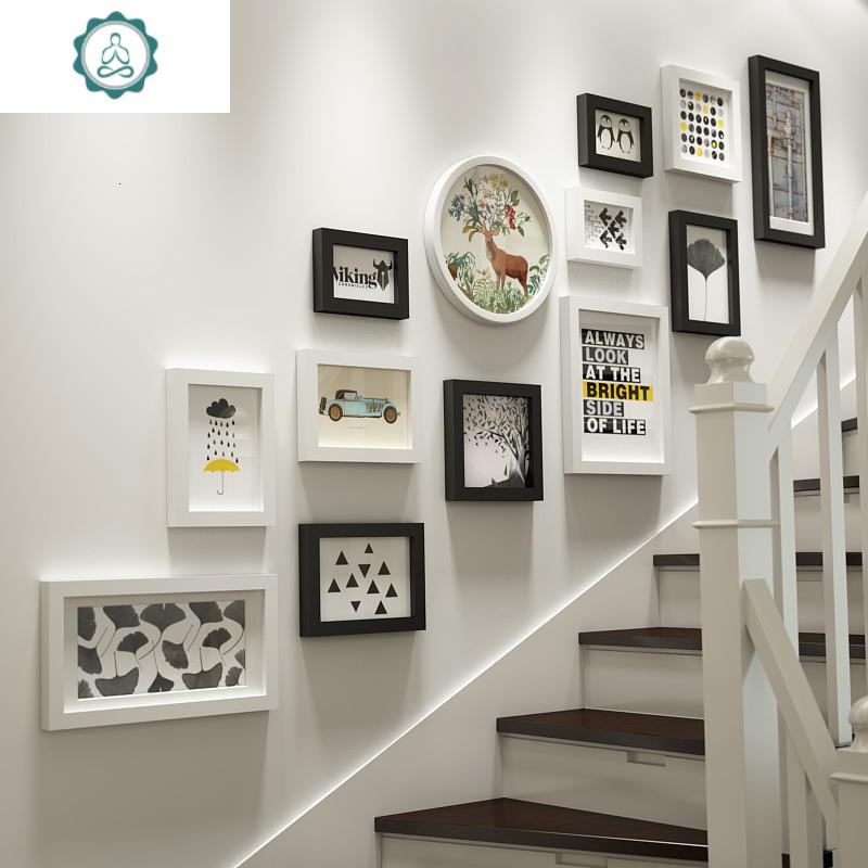 照片墙楼梯创意挂画现代轻奢实木相框挂墙组合相片楼道装饰免打孔 封