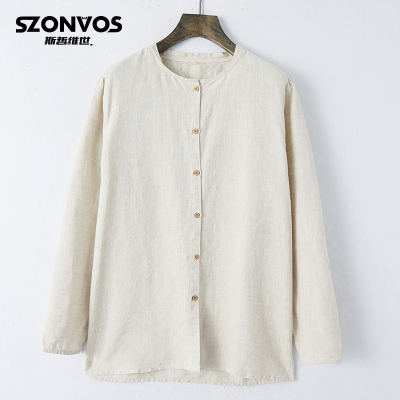 男士亚麻衬衫长袖2021薄款上衣圆领纯色宽松休闲男式衬衣