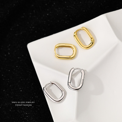 S925光面素圈耳环法式轻奢感耳扣方形耳圈冷淡风几何简约耳饰批发送女朋友老婆情人节七夕生日礼物