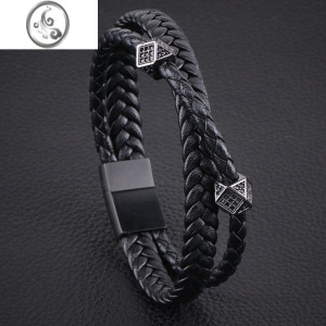 JiMi网红小众ins风菱形镶钻锆石珠皮绳手链男生土酷帅气手绳黑色