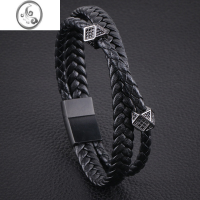 JiMi网红小众ins风菱形镶钻锆石珠皮绳手链男生土酷帅气手绳黑色