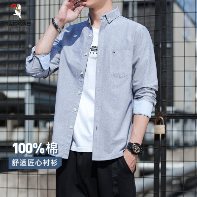 啄木鸟男士长袖纯棉衬衫商务休闲牛津纺免烫衬衣内搭春秋季款工装