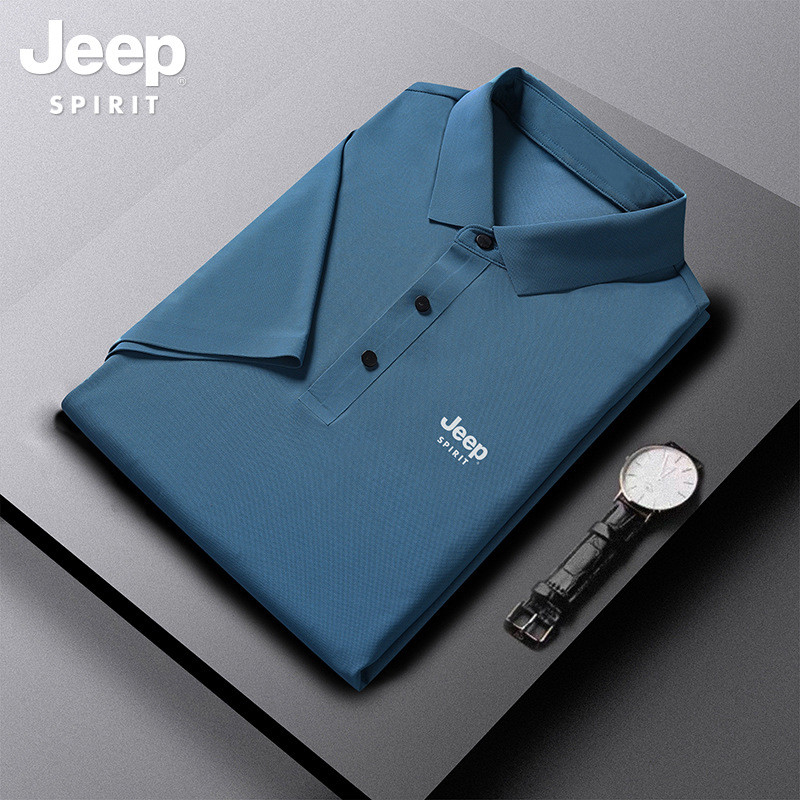 JEEP SPIRIT翻领短袖T恤男式襟扣高弹薄料半截袖衫男装