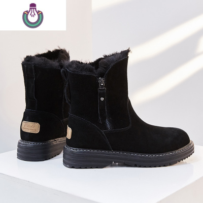 FISHBASKET2020冬季皮雪地靴女面包鞋加绒加厚一体马丁短靴保暖棉鞋子女士靴子