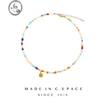 JiMi原创彩色串珠项链小设计感珍珠笑脸锁骨项圈可爱新款女周雨彤万鹏