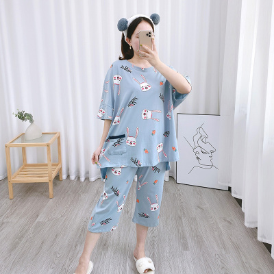 HLCOMAN大码睡衣女200斤夏薄款棉宽松胖mm可爱短袖七分睡裤家居服套装睡裤