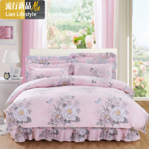 棉床裙式床罩四件套床上棉床套被套1.5米1.8m款带公主风床单 三维工匠