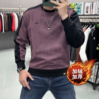 加绒保暖卫衣男士秋冬季潮牌青年打底上衣时尚拼接撞色内搭体恤衫_1