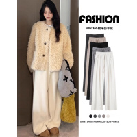 白色加绒糯米裤女款新款冬加厚垂坠感软糯小个子窄版阔腿裤子_913