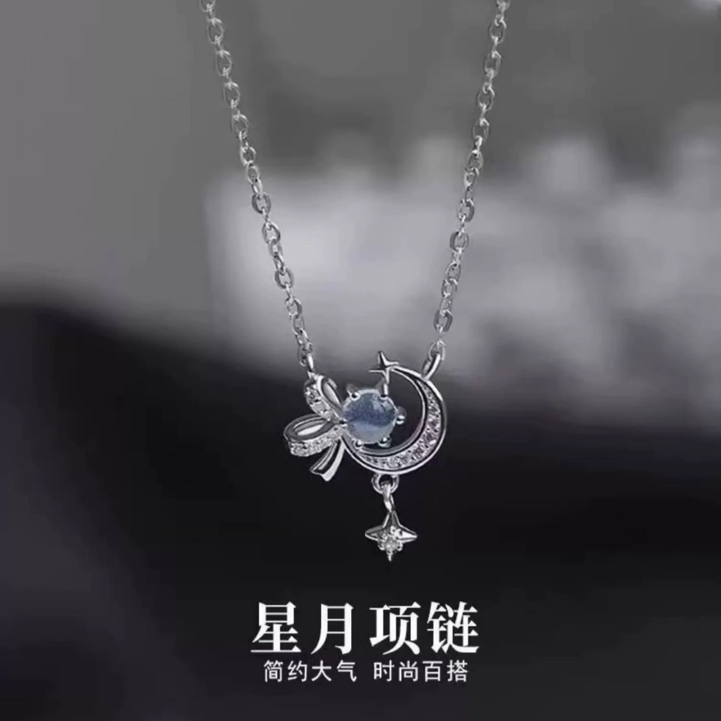 星月项链女琉璃石星月时尚高级感锁骨链蝴蝶结S999纯银耳饰品批发