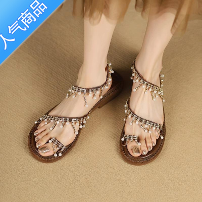 SUNTEK平底水钻套趾凉鞋女2023年新款夏季波西米亚小众仙女鞋