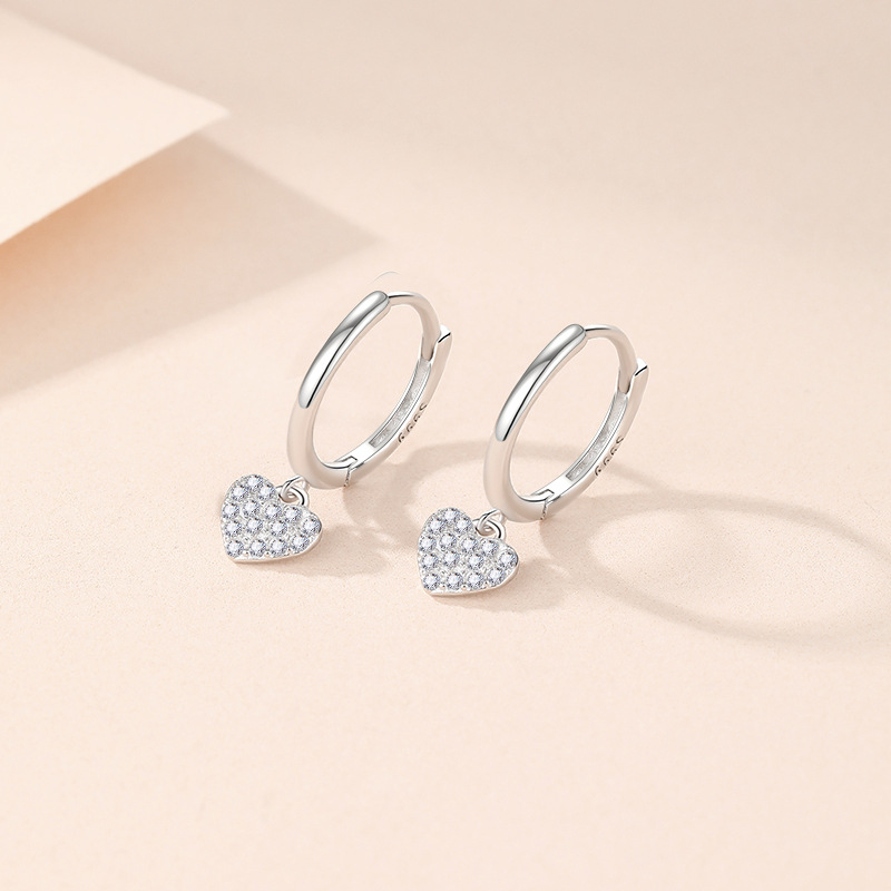 S999足银钻石微镶爱心耳吊耳圈女ins风精致耳环轻奢时尚网红耳饰送女朋友老婆情人节七夕生日礼物