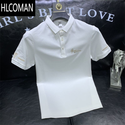 HLCOMAN刺绣英文短袖衫男夏季时尚修身痞帅翻领半袖T恤上衣