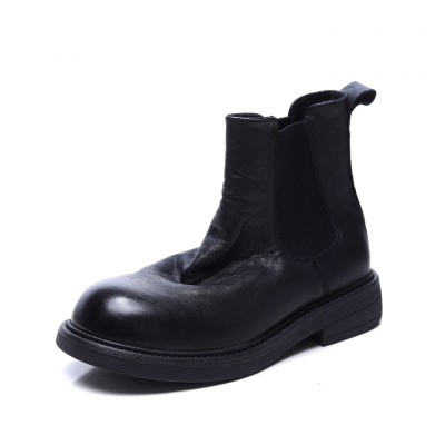 水洗马皮马丁靴女冬季新款复古褶皱短靴女切尔西靴里外全皮