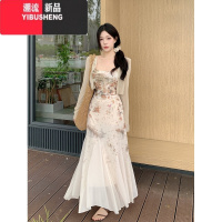 YIBUSHENG大码吊带连衣裙女季收腰显瘦包臀长裙微胖MM设计感国风碎花裙子