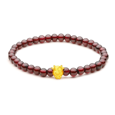 GZUAN古钻珠宝黄金足金999福牛生肖牛硬金红手绳单只福气牛石榴石手链YJS0022其他克重