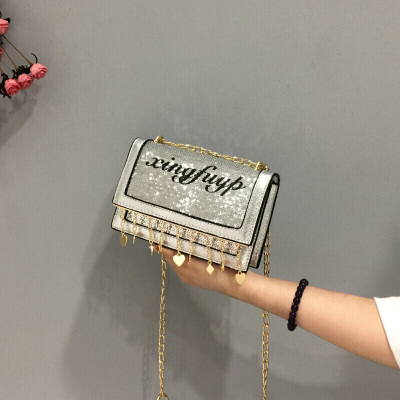 新款ins包包女新款韩版百搭斜挎包链条单肩包亮片时尚小方包SN7304-定制银色银色