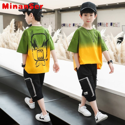 2020夏季新款韩版短袖T恤大怪兽吊染男童套装中大童卡通印花两件套时尚帅气儿童套装3-14岁童