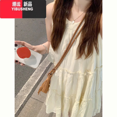 YIBUSHENG奶甜系无袖挂脖连衣裙女季2024新款小个子木耳边显瘦A字公主裙