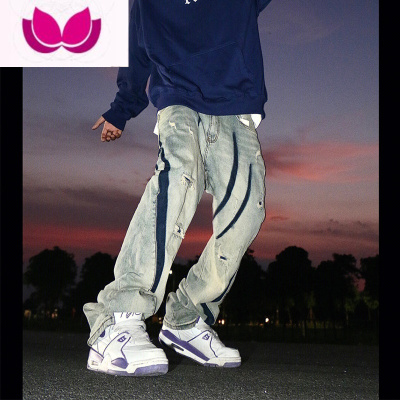 七斓美式vibe做旧破洞牛仔裤男冬黄泥色设计感宽松高街直筒裤子ins潮