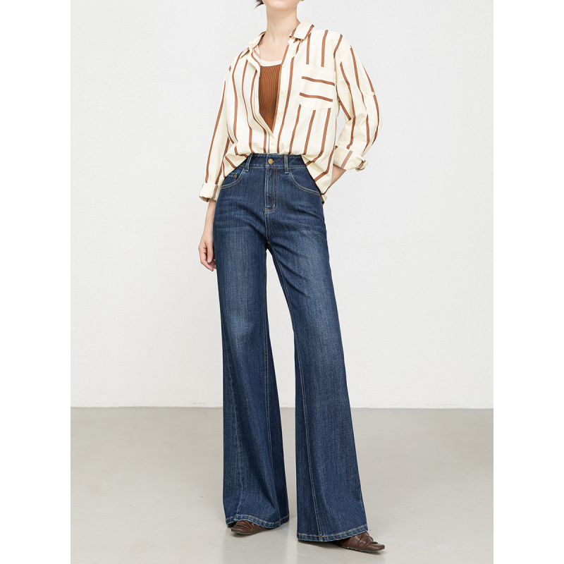 秋季新款高腰四面弹喇叭牛仔裤女宽松弹力拖地筒喇裤