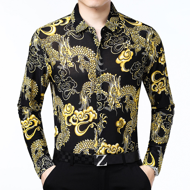 新款春夏秋男士中国龙印花衬衫长袖男士衬衫透气男士长袖