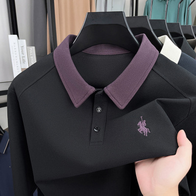 纯色刺绣翻领长袖polo衫男秋季新款商务休闲男士打底衫