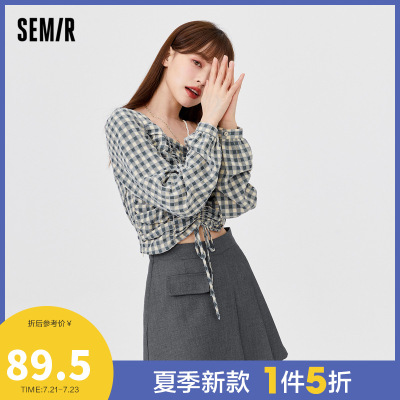 1件5折价：89.5-Semir森马修身格子方领2021秋季新款小心机抽绳复古长袖衬衫女