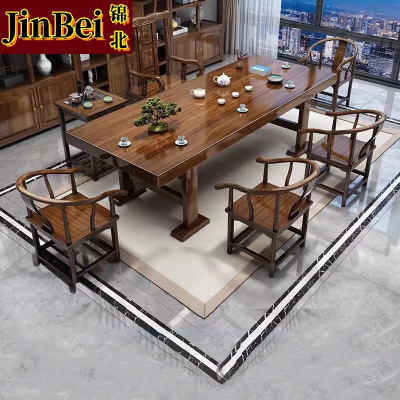 锦北 原木大板茶桌椅组合茶海茶桌办公室茶几茶道喝茶桌套装一体2.2平面款+1富贵椅+4围椅+茶水柜