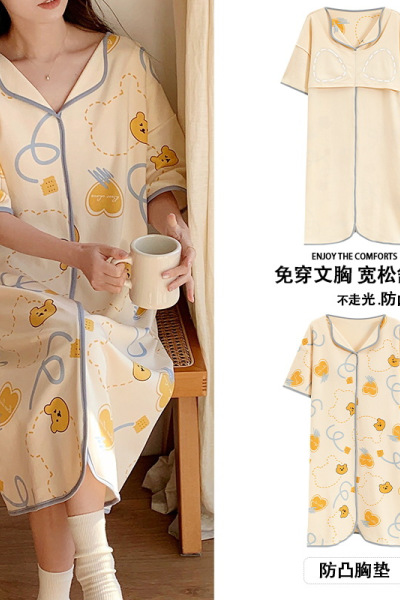 带胸垫夏季短袖女士睡衣棉质可爱卡通中长款翻领睡裙连衣裙家居服