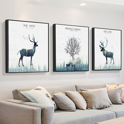 舒厅北欧客厅装饰画简约风格沙发背景墙挂画餐厅画现代三联画玄关壁画双树鹿（40*40cm）