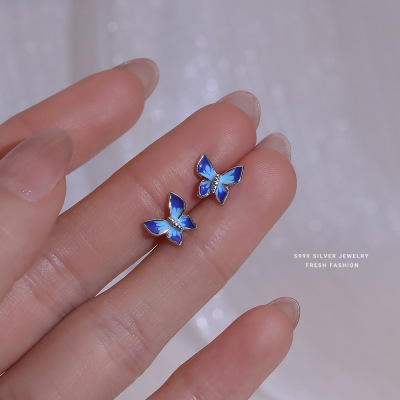 滴胶蓝色蝴蝶耳钉女s999纯银森系小清新小众设计百搭足银耳饰批发送女朋友老婆情人节七夕生日礼物