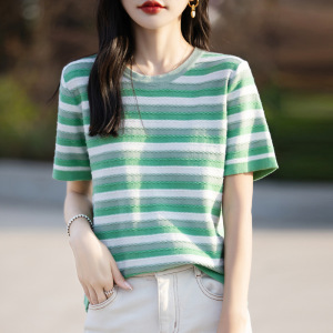夏季新款棉短袖女薄款透气日系甜美条纹半袖百搭显瘦针织衫T恤