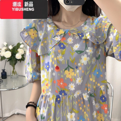 YIBUSHENG季新款棉绸娃娃领连衣裙加长甜美显瘦印花家居孕妇可外穿收腰